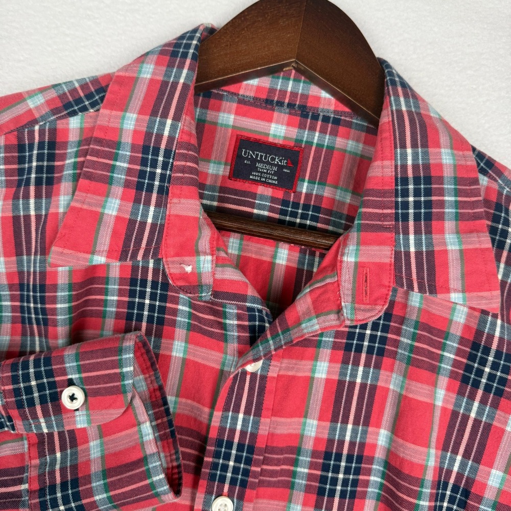 UNTUCKit Mens M Slim Fit Red Navy Plaid Lightweight Flannel LS Button Down Shirt